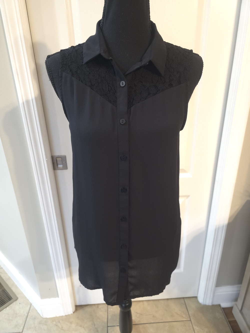 Divided Black Sleeveless Lace-Yoke Button-Down Top